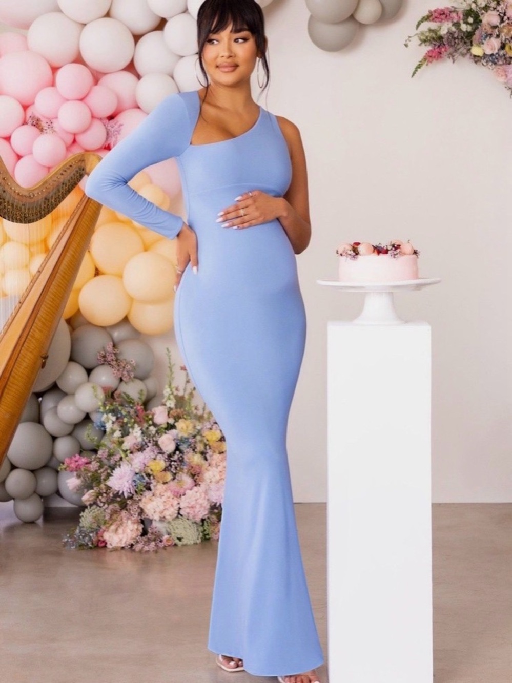 One-Shoulder Light Blue Maternity Gown Club L London